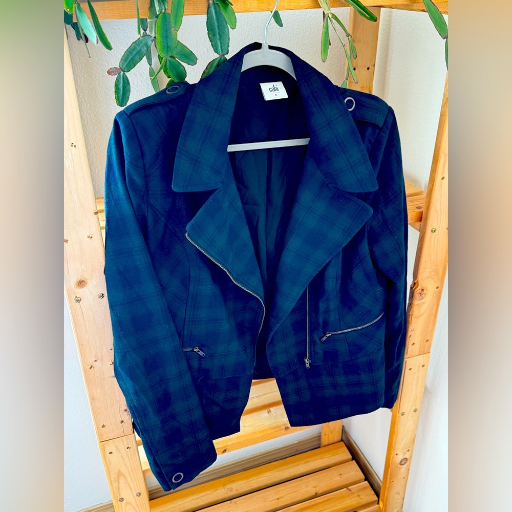 Cabi medium asymmetrical moto jacket or blazer green and blue plaid
